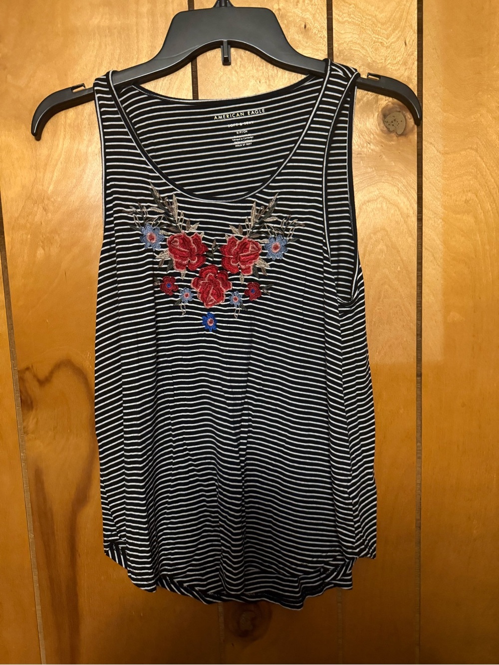 American Eagle Black & White Striped Tank with Red Floral Embroidery